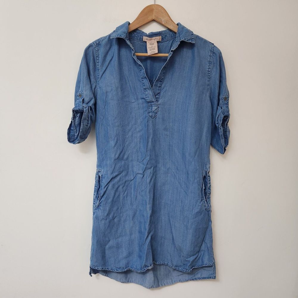 PHILOSOPHY Women's Blue Chambray Short Long Sleeve Dress Size S